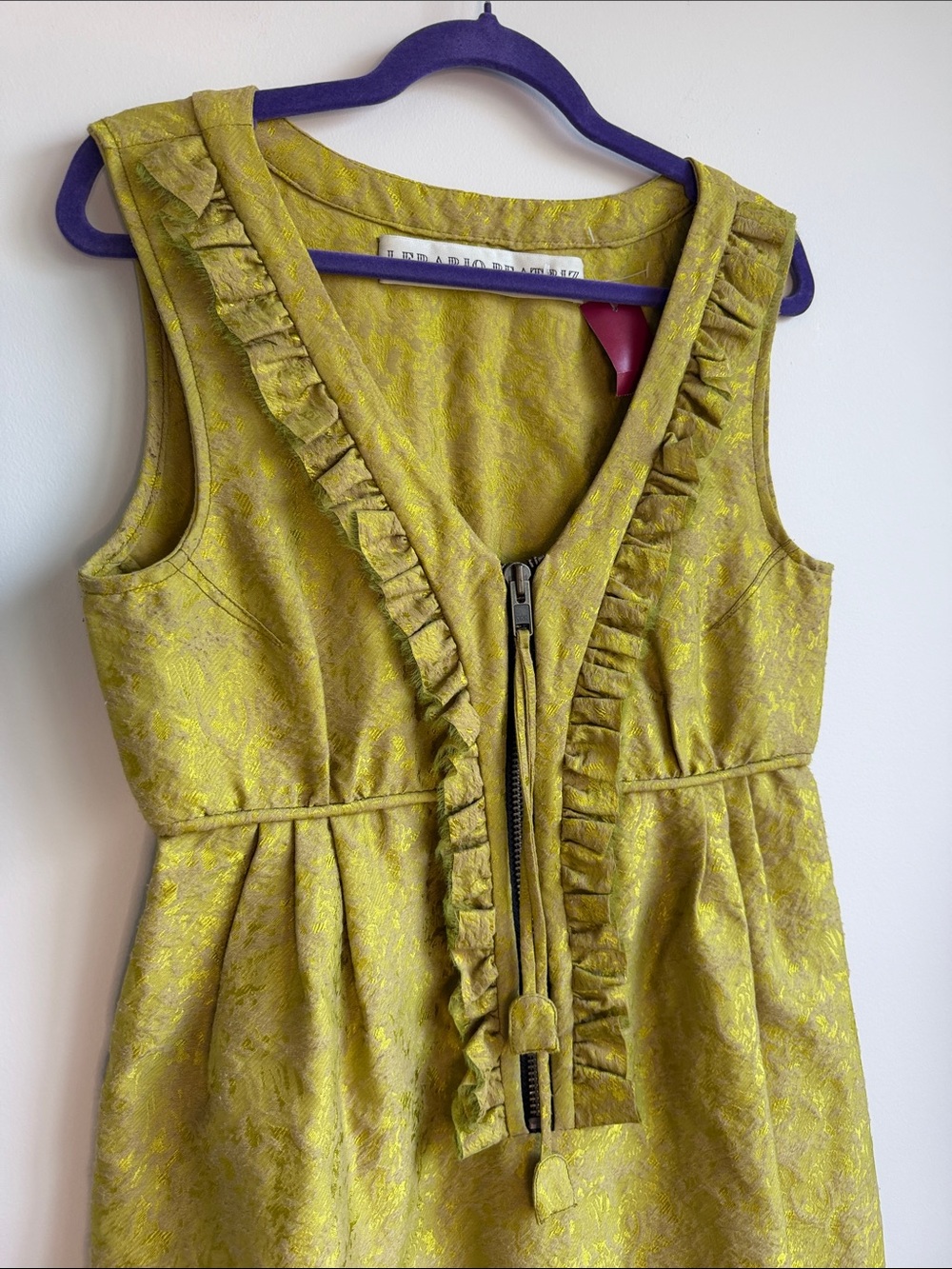 Yellow-Green Textured Ruffle Zip Front Dress - Picture 2 of 7